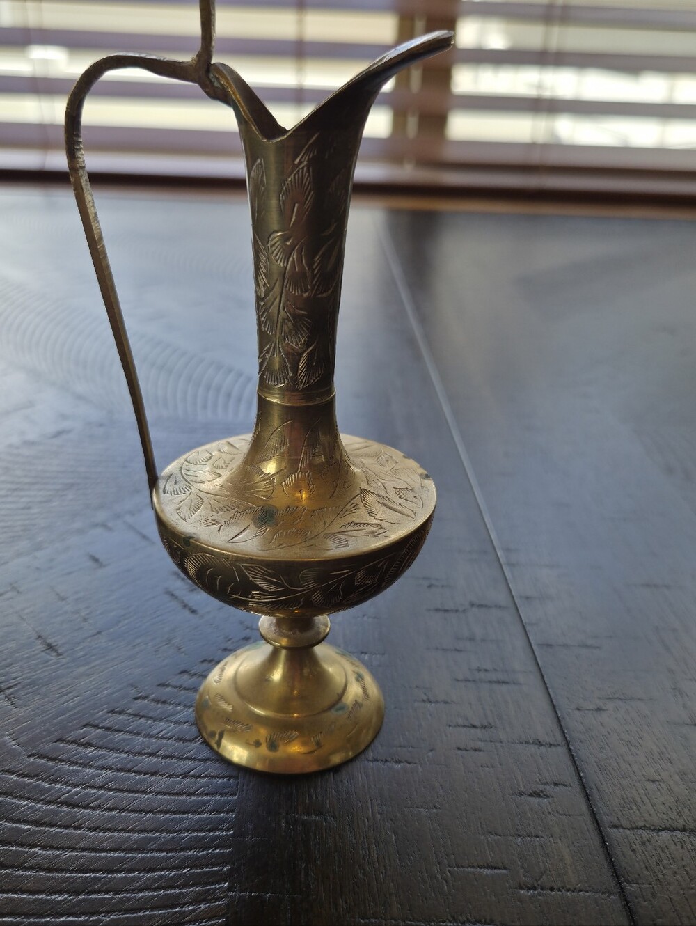 Vintage Etched Brass Pitcher India - Ornate Floral Footed Ewer Vase - Picture 8 of 12